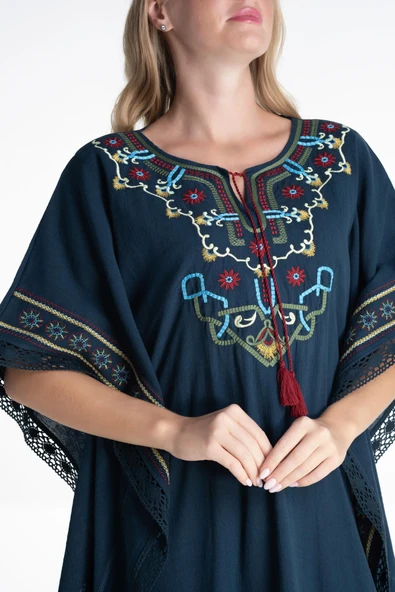 Kısa Kol Şile Bezi Gülseren Uzun Yazlık Otantik Elbise Petrol Ptrl - Resim 3