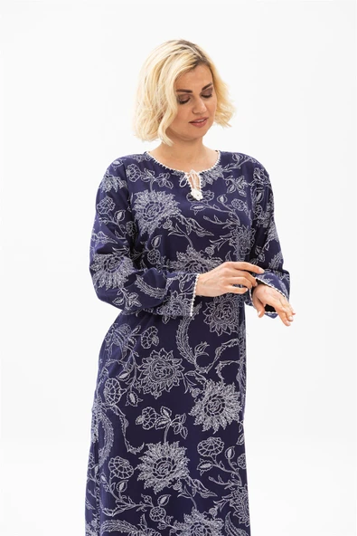 Uzun Kol Şile Bezi Baskılı Uzun Yazlık Elbise Çınar Desen Mor Mor L Mor - Resim 3