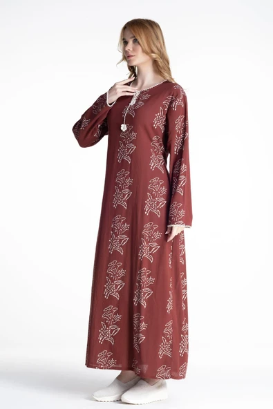 Uzun Kol Şile Bezi Baskılı Uzun Zambak Desen Yazlık Elbise Bordo Brd 2XL Bordo - Resim 5