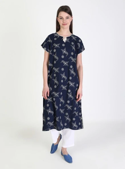 Kısa Kol Şile Bezi Baskılı Midi Boy Yazlık Elbise Serpme Desen Lacivert Lcvt - Resim 7