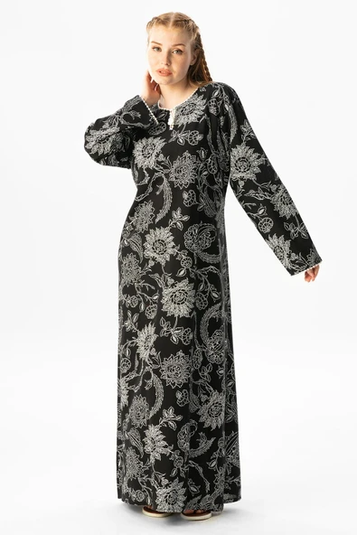 Uzun Kol Şile Bezi Baskılı Uzun Yazlık Elbise Çınar Desen Siyah Syh L Siyah - Resim 5