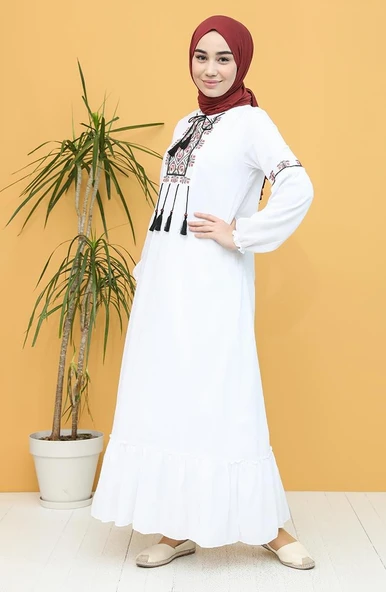 Uzun Kol Şile Bezi Seher Uzun Tesettür Elbise Beyaz Byz 2XL Beyaz - Resim 6