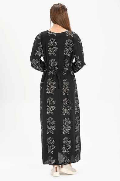 Uzun Kol Şile Bezi Baskılı Uzun Zambak Desen Yazlık Elbise Siyah Syh L Siyah - Resim 2