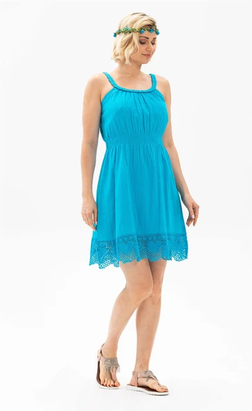 Askılı Şile Bezi Örgülü Mini Yazlık Elbise Turkuaz Trkz M Turkuaz ürün görseli