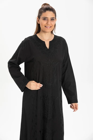 Uzun Kol Şile Bezi Simli Kaftan Midi Boy Yazlık Elbise Siyah Syh XL Siyah - Resim 3