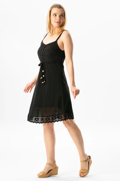 Askılı Şile Bezi Eda Kısa Yazlık Elbise Siyah Syh - Resim 4