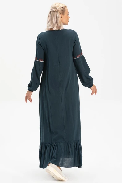 Uzun Kol Şile Bezi Seher Uzun Tesettür Elbise Petrol Ptrl - Resim 2