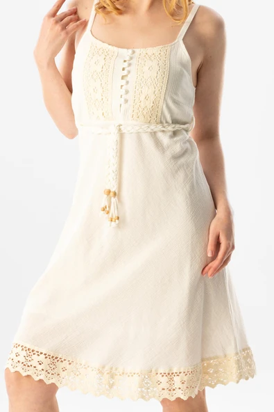 Askılı Şile Bezi Eda Kısa Yazlık Elbise Krem Krm L Krem - Resim 3