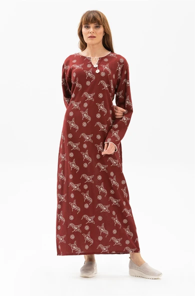 Uzun Kol Şile Bezi Baskılı Uzun Yazlık Elbise Serpme Desen Bordo Brd XL Bordo - Resim 4
