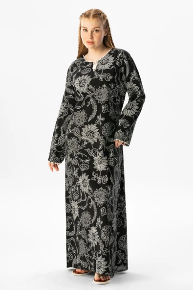 Uzun Kol Şile Bezi Baskılı Uzun Yazlık Elbise Çınar Desen Siyah Syh L Siyah ürün görseli
