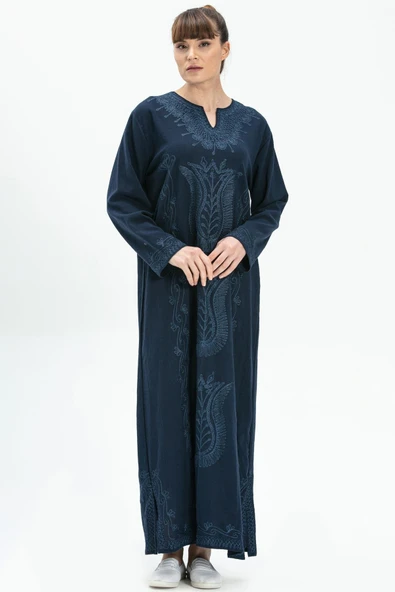 Uzun Kol Şile Bezi Simli Kaftan Midi Boy Yazlık Elbise Lacivert Lcvt 2XL Lacivert - 1