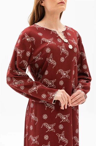 Uzun Kol Şile Bezi Baskılı Uzun Yazlık Elbise Serpme Desen Bordo Brd XL Bordo - Resim 3