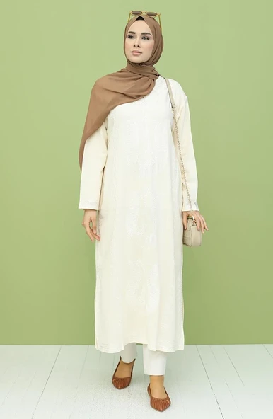 Uzun Kol Şile Bezi Simli Kaftan Midi Boy Yazlık Elbise Krem Krm 3XL Krem - Resim 4