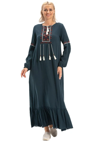 Uzun Kol Şile Bezi Seher Uzun Tesettür Elbise Petrol Ptrl - Resim 5