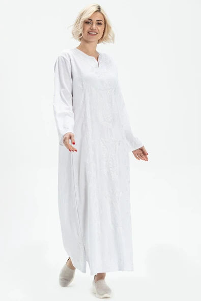 Uzun Kol Şile Bezi Simli Kaftan Midi Boy Yazlık Elbise Beyaz Byz XL Beyaz ürün görseli