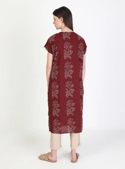 Kısa Kol Şile Bezi Baskılı Zambak Desen Midi Boy Yazlık Elbise Bordo Brd 2XL Bordo - Resim 8