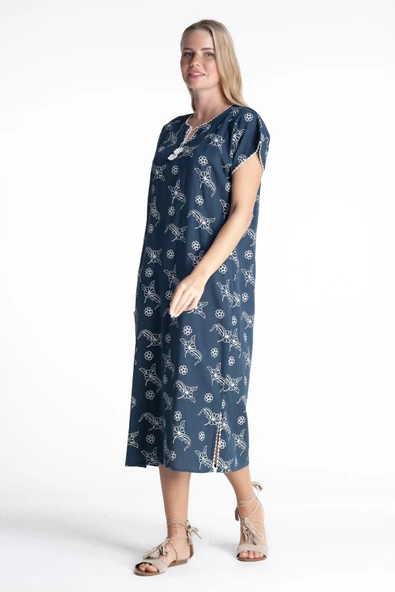 Kısa Kol Şile Bezi Baskılı Midi Boy Yazlık Elbise Serpme Desen Petrol Ptrl L Petrol - Resim 4