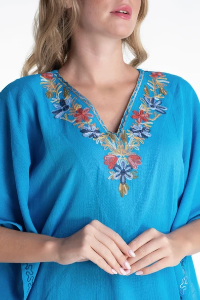 Kısa Kol Şile Bezi Tibet Uzun Yazlık Otantik Elbise Turkuaz Trkz L Turkuaz - Resim 3