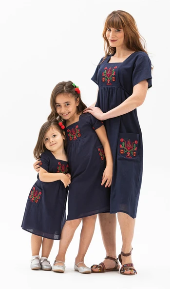 Kısa Kol Şile Bezi Melek Midi Boy Yazlık Otantik Elbise Lacivert Lcvt XL Lacivert - Resim 2