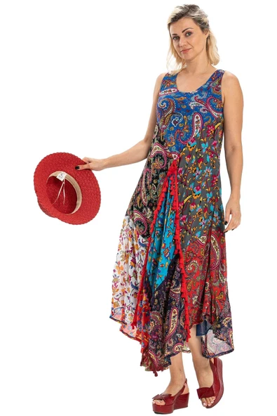 Kolsuz Vual Peçvörk Uzun Yazlık Otantik Elbise Saks Sks 2XL Turkuaz - Resim 6