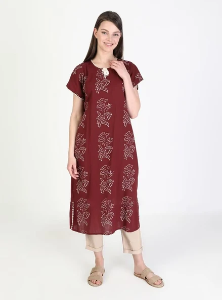 Kısa Kol Şile Bezi Baskılı Zambak Desen Midi Boy Yazlık Elbise Bordo Brd 2XL Bordo - Resim 7