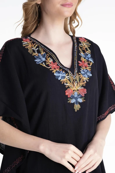 Kısa Kol Şile Bezi Tibet Uzun Yazlık Otantik Elbise Siyah Syh - Resim 3