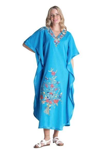 Kısa Kol Şile Bezi Tibet Uzun Yazlık Otantik Elbise Turkuaz Trkz - Resim 8