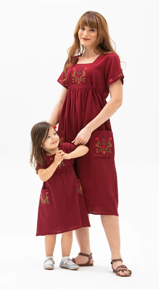 Kısa Kol Şile Bezi Melek Midi Boy Yazlık Otantik Elbise Bordo Brd XL Bordo - Resim 2