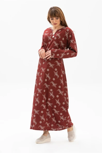 Uzun Kol Şile Bezi Baskılı Uzun Yazlık Elbise Serpme Desen Bordo Brd 2XL Bordo ürün görseli