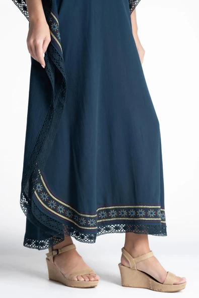 Kısa Kol Şile Bezi Gülseren Uzun Yazlık Otantik Elbise Petrol Ptrl - Resim 4