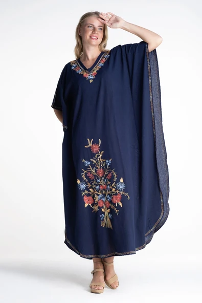 Kısa Kol Şile Bezi Tibet Uzun Yazlık Otantik Elbise Lacivert Lcvt - Resim 6