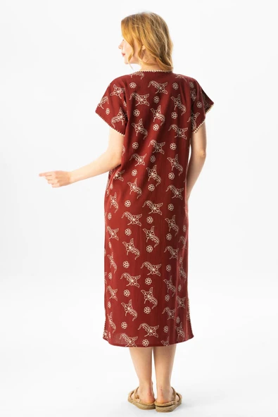 Kısa Kol Şile Bezi Baskılı Midi Boy Yazlık Elbise Serpme Desen Bordo Brd XL Bordo - Resim 2