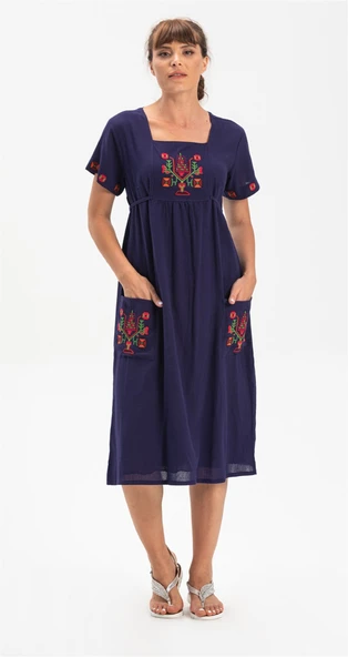 Kısa Kol Şile Bezi Melek Midi Boy Yazlık Otantik Elbise Lacivert Lcvt XL Lacivert - Resim 5