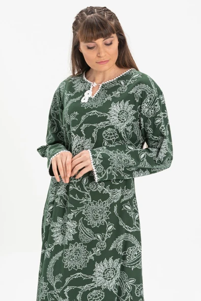 Uzun Kol Şile Bezi Baskılı Uzun Yazlık Elbise Çınar Desen Yeşil Ysl 2XL Yeşil - 3