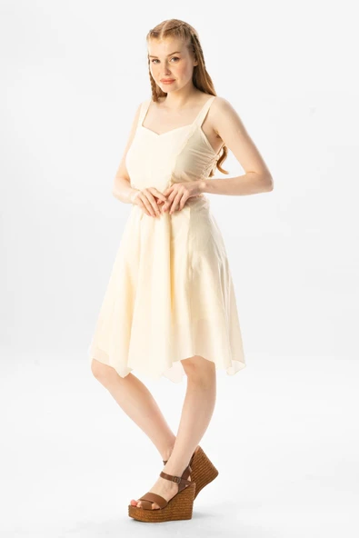 Kolsuz Vual Emel Kısa Yazlık Elbise Krem Krm XL Krem - Resim 4