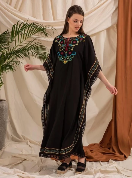 Kısa Kol Şile Bezi Gülseren Uzun Yazlık Otantik Elbise Siyah Syh - Resim 11