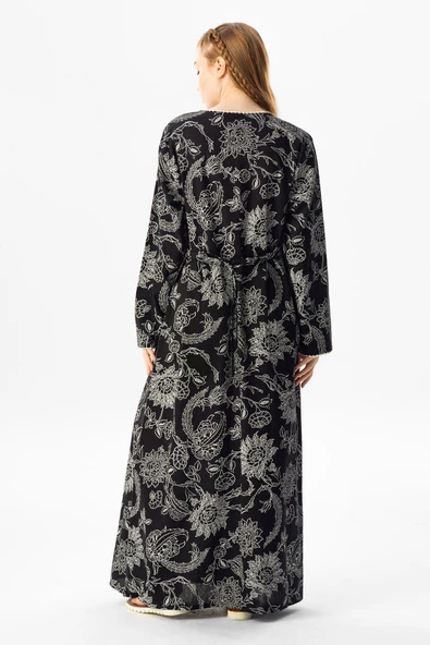 Uzun Kol Şile Bezi Baskılı Uzun Yazlık Elbise Çınar Desen Siyah Syh L Siyah - Resim 2