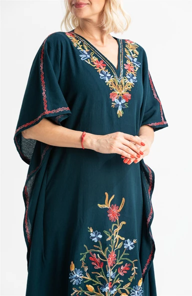 Kısa Kol Şile Bezi Tibet Uzun Yazlık Otantik Elbise Petrol Ptrl M Petrol - Resim 3