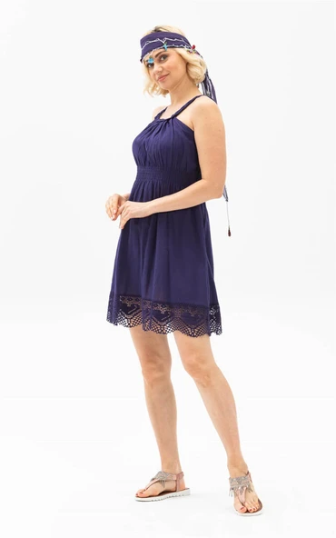 Askılı Şile Bezi Örgülü Mini Yazlık Elbise Mor Mor XL Mor ürün görseli