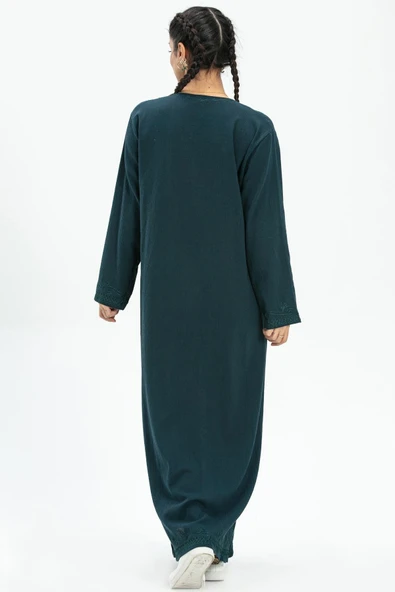 Uzun Kol Şile Bezi Simli Kaftan Midi Boy Yazlık Elbise Petrol Ptrl 2XL Petrol - Resim 2