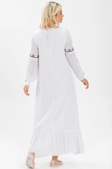 Uzun Kol Şile Bezi Seher Uzun Tesettür Elbise Beyaz Byz M Beyaz - Resim 2