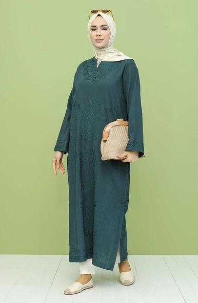 Uzun Kol Şile Bezi Simli Kaftan Midi Boy Yazlık Elbise Petrol Ptrl XL Petrol - Resim 5