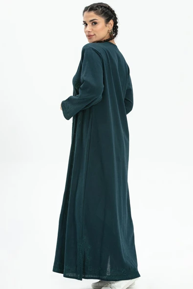 Uzun Kol Şile Bezi Simli Kaftan Midi Boy Yazlık Elbise Petrol Ptrl XL Petrol - Resim 4