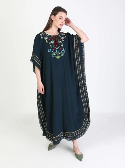 Kısa Kol Şile Bezi Gülseren Uzun Yazlık Otantik Elbise Petrol Ptrl - Resim 10