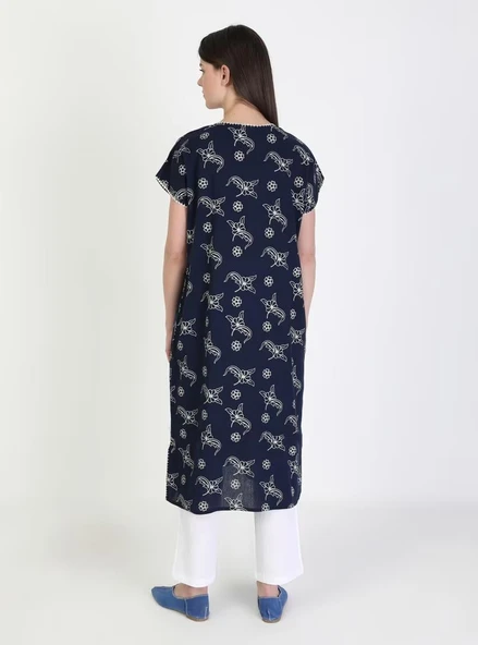 Kısa Kol Şile Bezi Baskılı Midi Boy Yazlık Elbise Serpme Desen Lacivert Lcvt - Resim 8