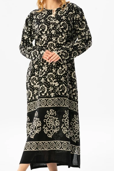 Uzun Kol Pamuk Taş Baskı Yoğun Desen Uzun Yazlık Etnik Elbise Siyah Syh XL Siyah-Beyaz - Resim 3