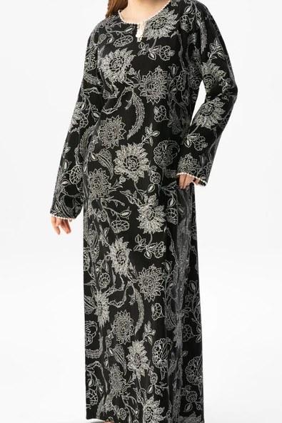 Uzun Kol Şile Bezi Baskılı Uzun Yazlık Elbise Çınar Desen Siyah Syh L Siyah - Resim 3
