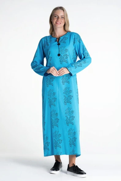 Uzun Kol Şile Bezi Baskılı Uzun Zambak Desen Yazlık Elbise Turkuaz Trkz XL Turkuaz - Resim 7