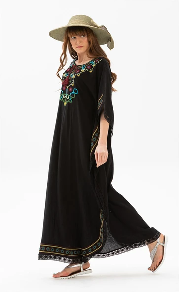 Kısa Kol Şile Bezi Gülseren Uzun Yazlık Otantik Elbise Siyah Syh - Resim 3