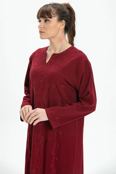 Uzun Kol Şile Bezi Simli Kaftan Midi Boy Yazlık Elbise Bordo Brd M Bordo - Resim 3